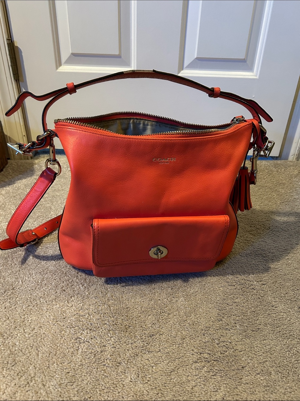 Coach Orange Pebbled Leather Shoulder Bag with Front Pocket
